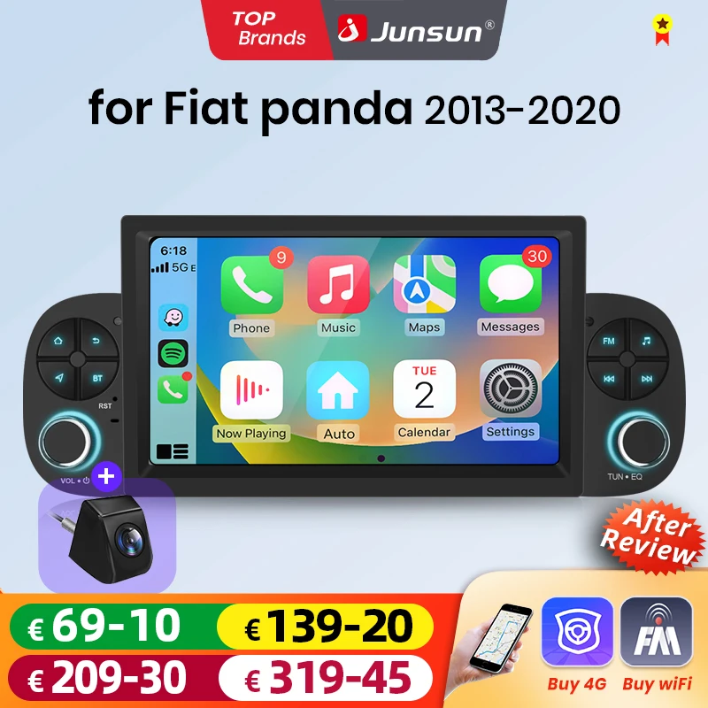 Junsun 7-Zoll Kabelloses CarPlay Android Auto Autoradio für Fiat Panda 2013 2014 2015-2020 Multimedia Kabelloses Apple CarPlay Intelligente Systeme IPS Touchscreen Stereo-Videoplayer 2 Din Autoradio Head Unit Navigation BT GPS 4G WIFI FM AM DSP RDS SWC