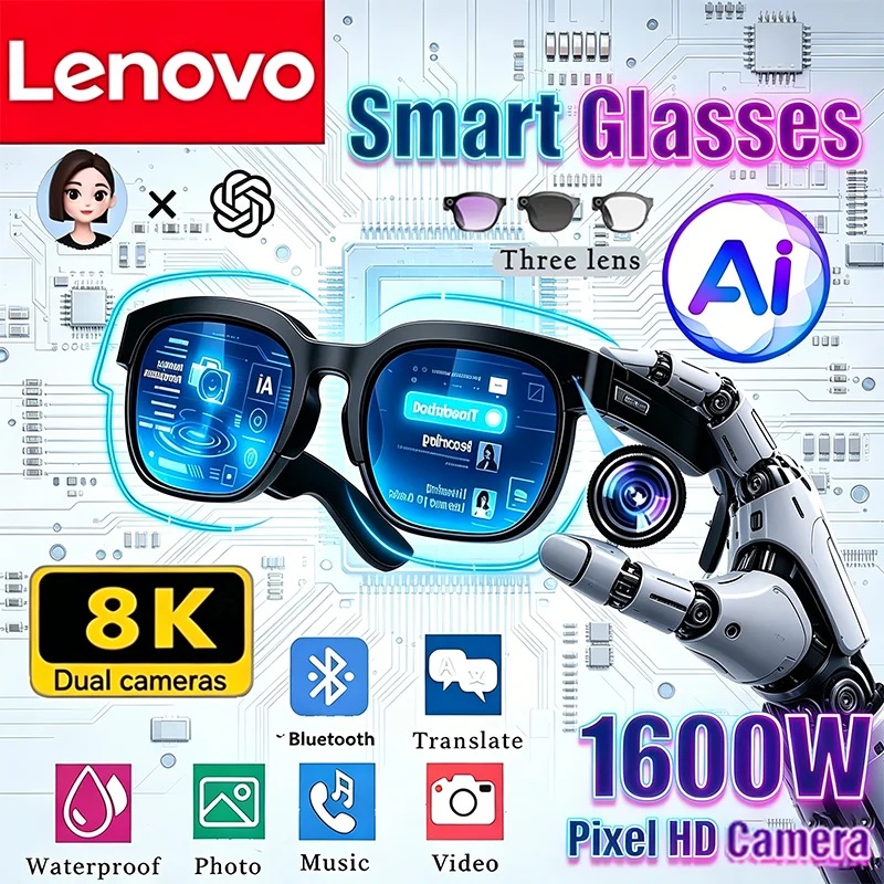 Lenovo 8K Übersetzungs-Smart-Brille 2026 mit KI, Bluetooth-Anruffunktion, Musikplayer, Kamerasteuerung und Blaulichtfilter Image
