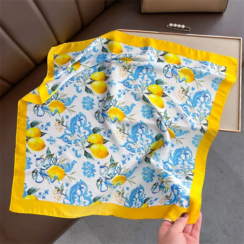 Sommer Sonnencreme Zitrone Druck 70 cm Platz Strand Silk Schal Lässig Elegante Dünne Atmungsaktive Hals Frauen Kopf Wrap Haar Schals schal Image
