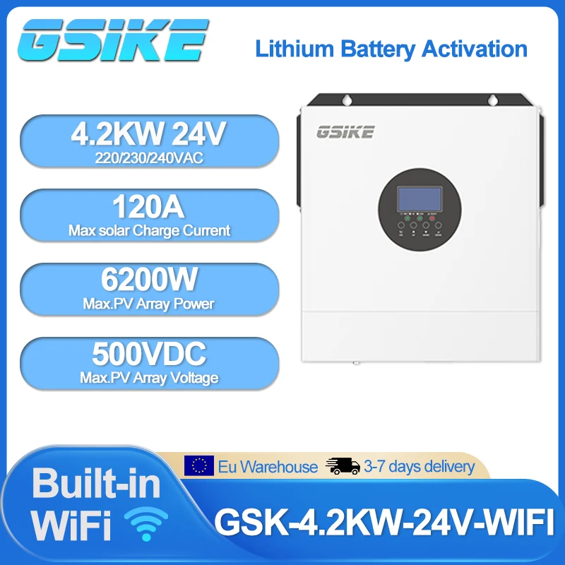 GSIKE 6.2KW 3.5KW Onduleur solaire hybride 24V 48V 230V Onduleur à onde sinusoïdale pure WIFI Double MPPT 120A BMS 50/60HZ Chargeur solaire Puissance MPPT 120A 100A Chargeur solaire Onduleur solaire hybride Contrôleur BMS