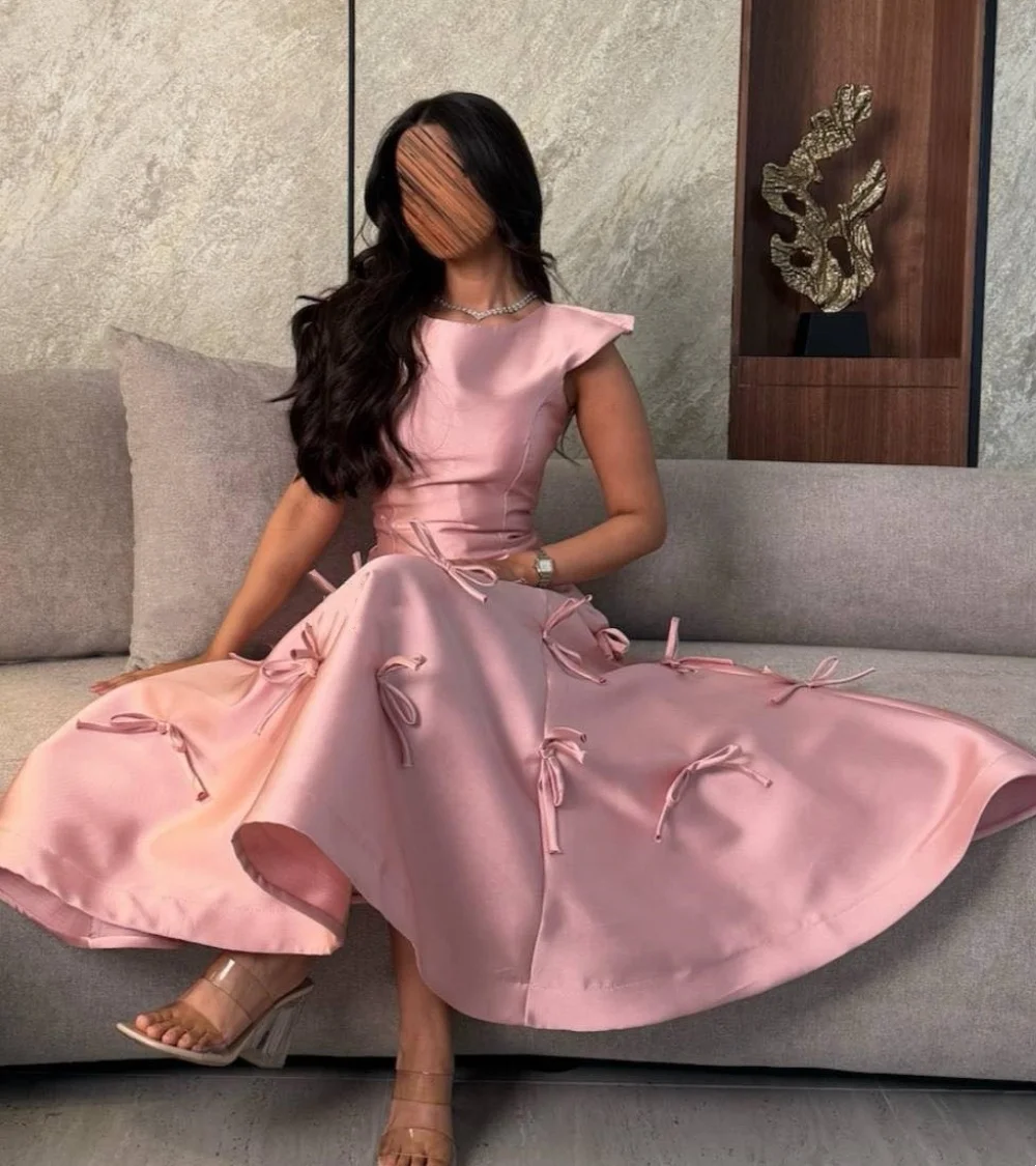 Customized Charmeuse Bow A-line O-Neck Midi Dresses Bespoke Occasion Prom Party Elegant Simple Modern Style