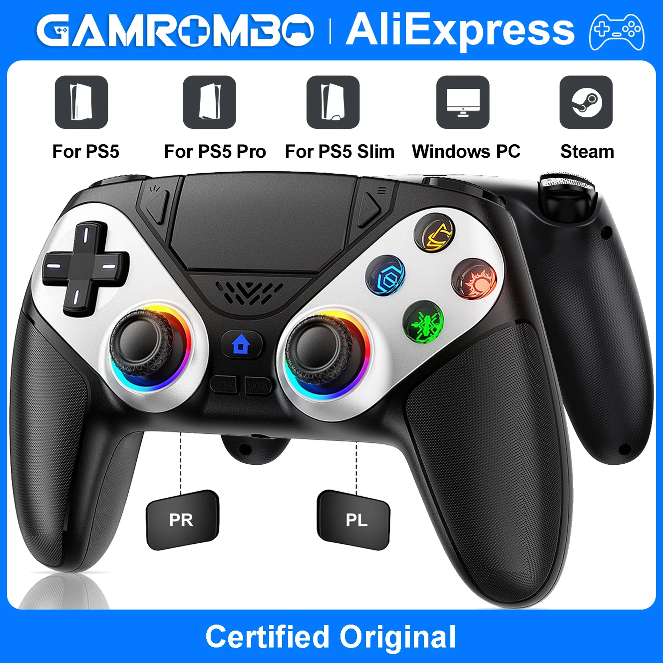 Gamepad For Playstation 5 PS5 Pro/Slim/PC RGB Lights Wireless Controller Dual Shock Marco/Turbo Sensitive Joystick Game Controle