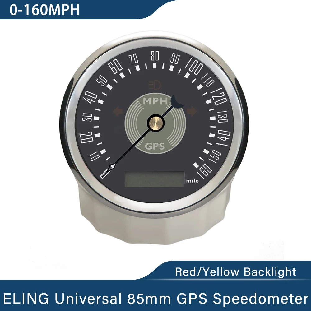ELING 9-32V 85mm GPS Speedometer 0-160 0-200 0-220 KM/H MPH Total Mileage Adjustable with Red Yellow Backlight for Car Yacht