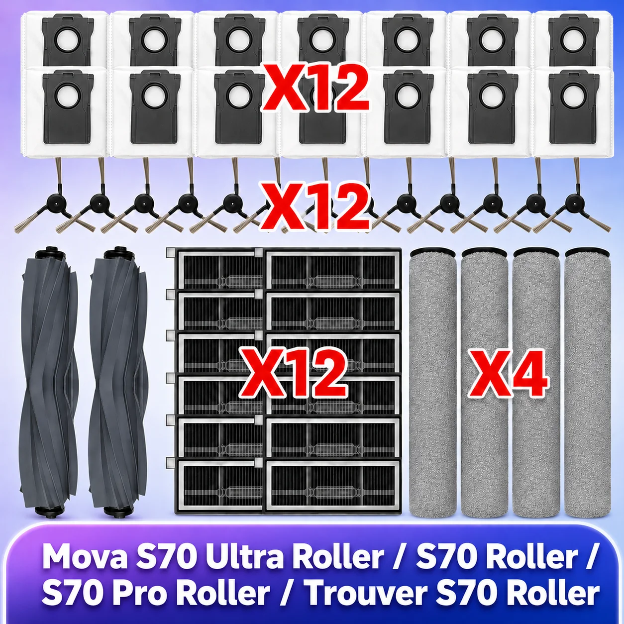 Kompatibel mit (MOVA S70 Roller / S70 Ultra Roller / S70 Pro Roller, Trouver S70 Roller) Hauptbürste Tricut Seitenbürste Filter Rolle Wischpad Staubbeutel Zubehör Image
