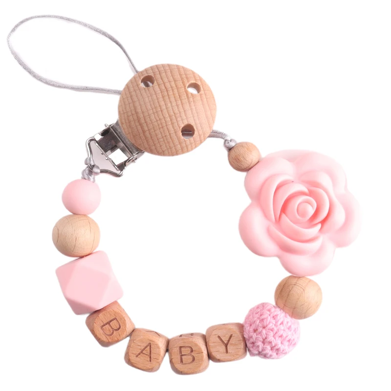 Baby Schnuller Clips Halter Rose Blume Silikon Schnuller Ketten Baby Beißring Zahnen Kette Dusche Geschenk Image