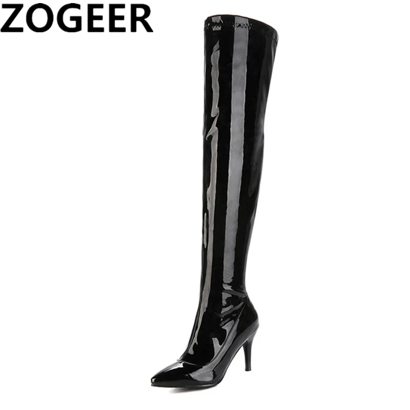 Modische Overknee-Stiefel für Damen, sexy High Heel, Oberschenkelhohe Stiefel, Winter-Lackleder, spitz, Party, langer Schuh, große Größe 45, 46