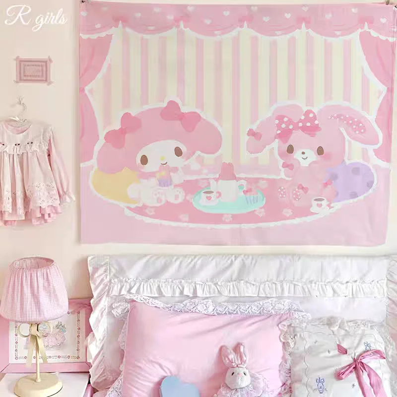 Cartoon Niedlicher Bobo Hase Wandteppich Sanrio Mädchenhafter Hintergrundstoff Studentenzimmer Bettseitendekoration Wandbehang Image