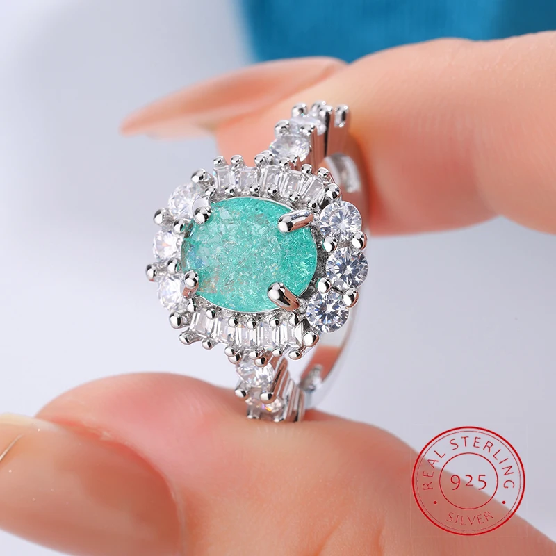 925er Silber vergoldet, luxuriöser Paraiba-Saphir, ovaler Volldiamant-Paarring für Frauen, geometrischer Zirkonia, Valentinstagsgeschenk Image