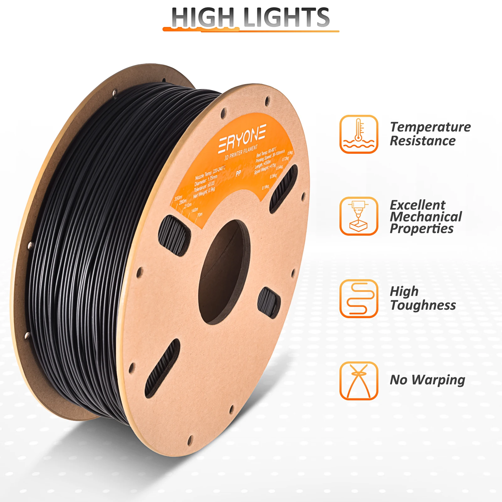 ERYONE Promotion PP Filament Hervorragende Fließfähigkeit Durchmesser 1,75mm ±0,03mm Für FDM 3D-Druck Neu 700g Image