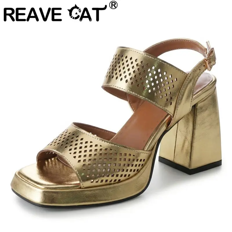 REAVE CAT Gelbe Damensandalen mit Quadratischer Spitze, 9cm Blockabsatz, Plateau, Rückenriemen, Übergrößen 44 45 46, Freizeit Alltag Atmungsaktive Schuhe