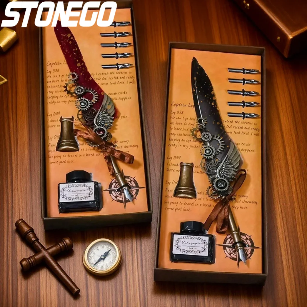 Dip-Pen-Set im Vintage-Stil mit Flügel-Design und Ständer, klassische Federform für Kalligraphie, Kunst, Signatur, Basteln, 15 ml Nachfülltintenflasche Image