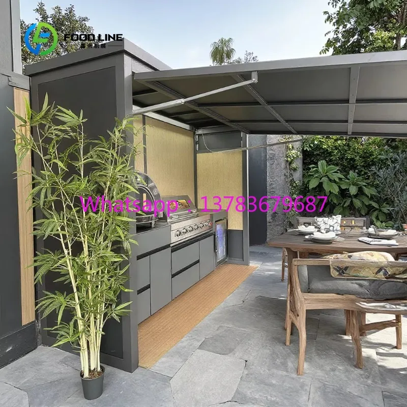 Cuisine extérieure modulaire personnalisée, abri de cuisine extérieur résistant aux intempéries, armoires de cuisine BBQ extérieures, cuisine extérieure avec toit et télécommande