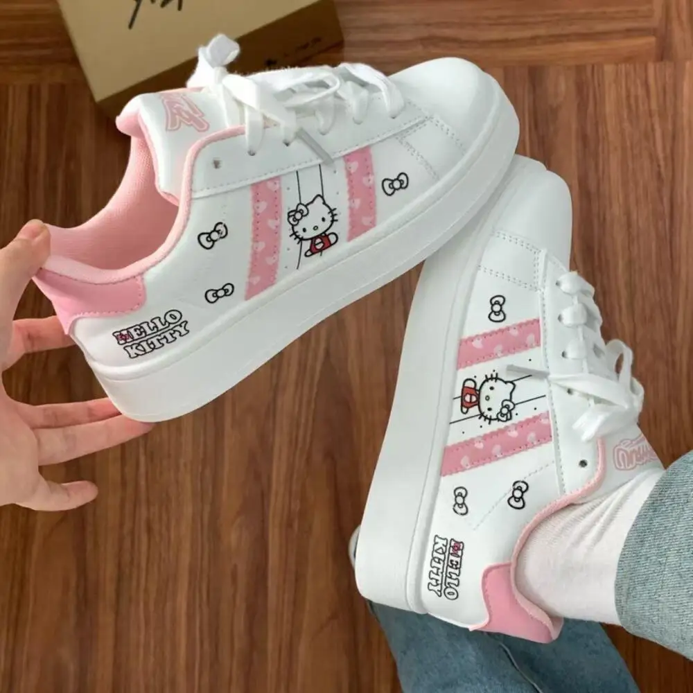 Niedliche Sneaker Hello Kitty Freizeitschuhe Mädchen Cartoon-Schleife Dickbodige Schuhe Anime Damen Kawaii Rutschfeste Sportschuhe