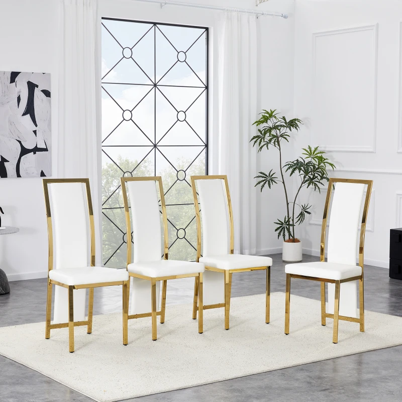 [4er-Set] Europäische minimalistische Esszimmerstühle mit Goldkante. Weißes PU-Leder + goldglänzender Metallrahmen, 109 cm hoch, f