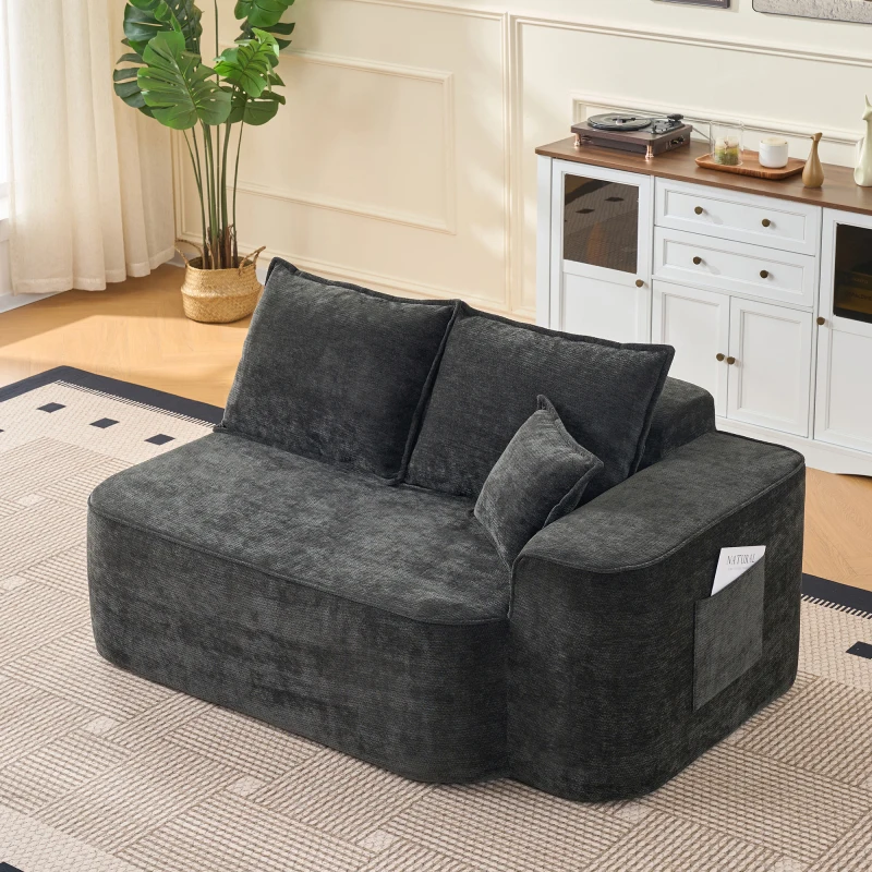 Bequemes 2-Personen-Sofa ohne Montage, weiches Sofa mit Kissen und Seitentaschen, mit Seitentaschen, Schwarz, Sofa, Couch, Wohnzimmer-Sofa für den Innenbereich, gepolsterte Sitzfläche, komfortabel und