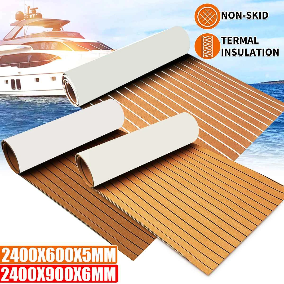 Selbstklebendes 2,4 m Schaumstoff-Teak-Terrassendielen, EVA-Schaum, Marine-Bodenbelag, künstliches Boot, Terrassendielen, Zubehör, Marine, Braun, Schwarz