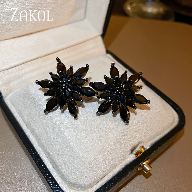 ZAKOL Korea Mode Schwarz Zirkon Blume Stud Ohrringe für Frauen Glänzende Hochzeit Schmuck 2023 Neue Image