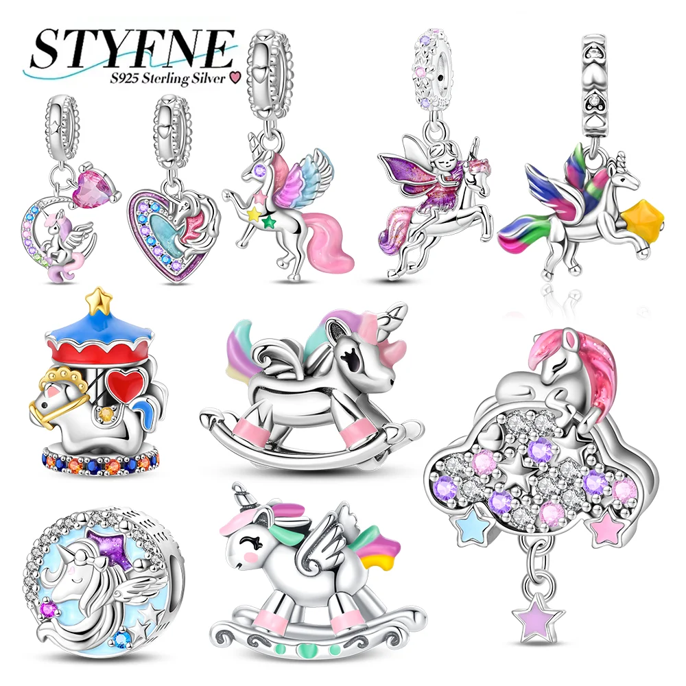 Charm-Perlen aus 925er-Sterlingsilber, Wunderland, Einhorn, Farbe, Herz, passend für Original-Armbänder, DIY-Schmuckherstellung, als Geschenk für Frauen Image