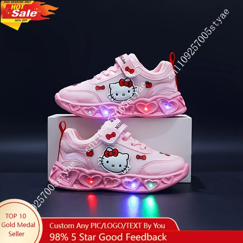 Hello Kitty Neue Mädchen-Prinzessinnenschuhe für den Alltag mit Lichtern, blinkende Schuhe in Rosa und Weiß, tragbar