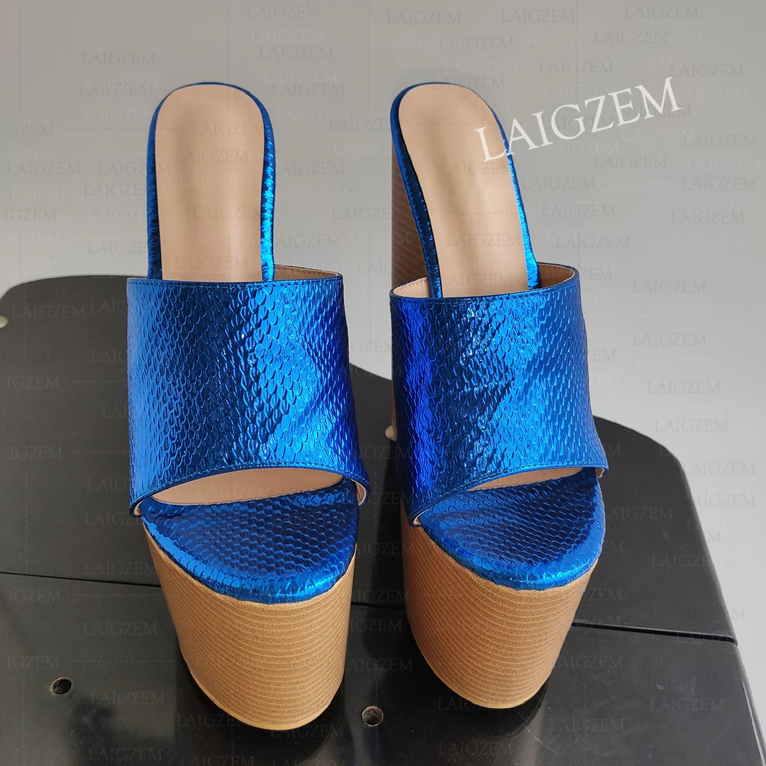 BERZIMER Damen Pumps Plateau-Keilabsatz Offene Zehenpartie 20CM Hohe Absätze Slip-On Damen-Mules Handgefertigte Schuhe Große Größen 41 43 45 47