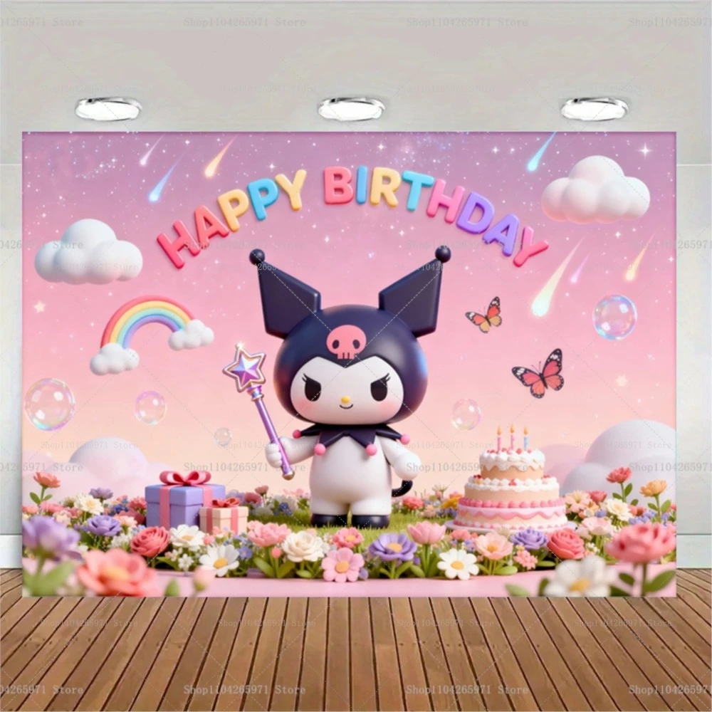 Sanrio Kuromi Gothic Niedlicher Hintergrund, dunkle Cartoon-Dekoration für Mädchen, Kinder, alles Gute zum Geburtstag, Schlafzimmer, Fotostudio, Banner, Poster Image