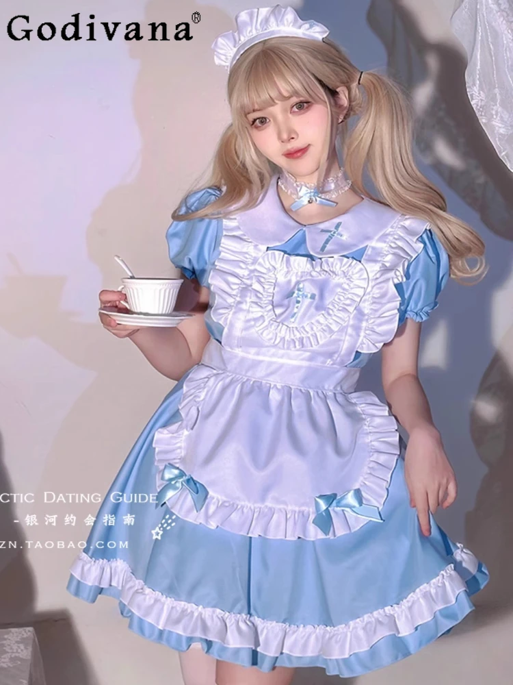 L-5XL Plus Größe Lolita Blau Maid Uniform Mädchen Sommer Kurzarm Peter Pan Kragen Kleid Halloween Animation Show Party Kleider