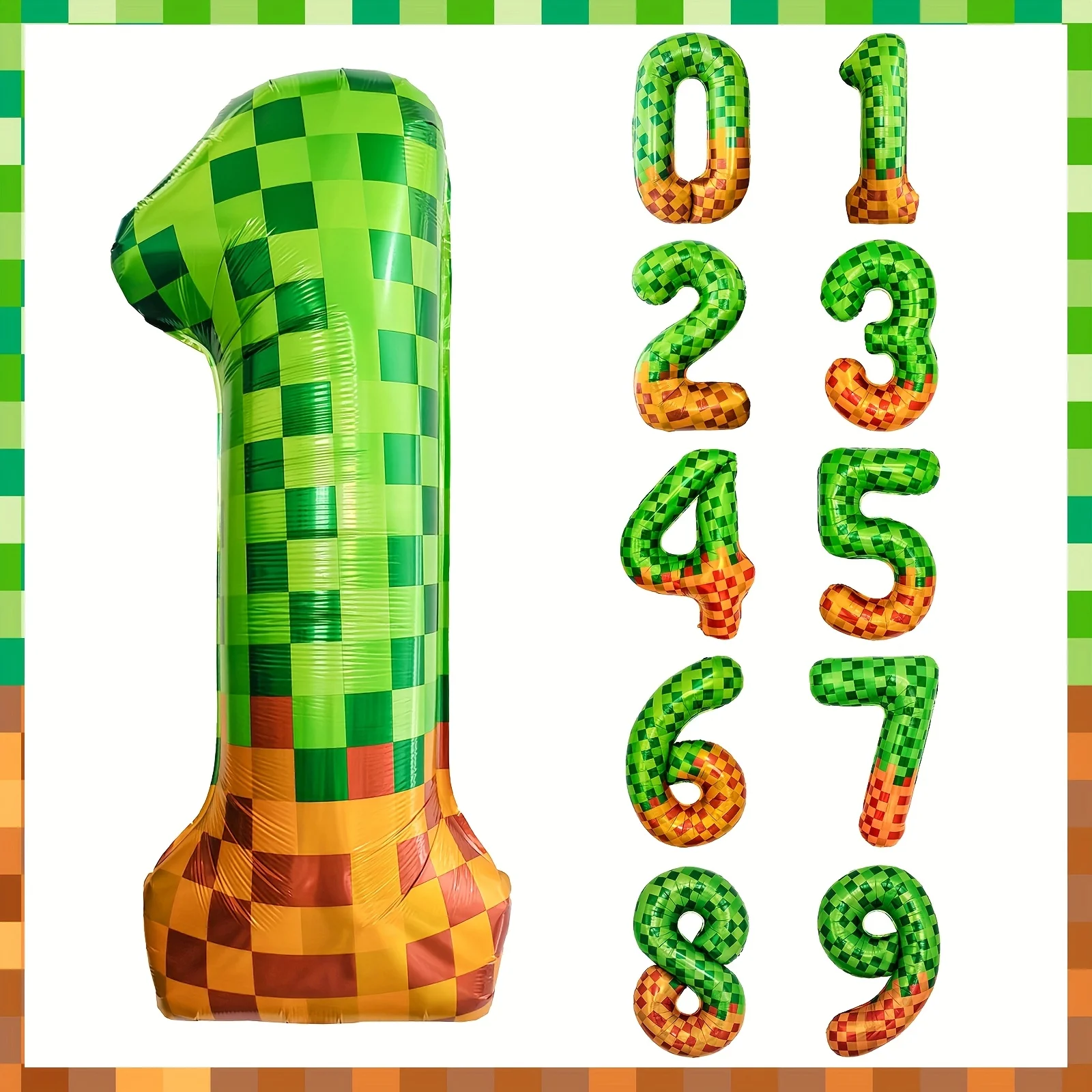 1 Stück 40 Zoll Riesiger Mosaik-Grüner Pixel-Miner-Themen-Zahlenballon Nummer 0-9 Folienballons Partyballons Geburtstagsfeier Image