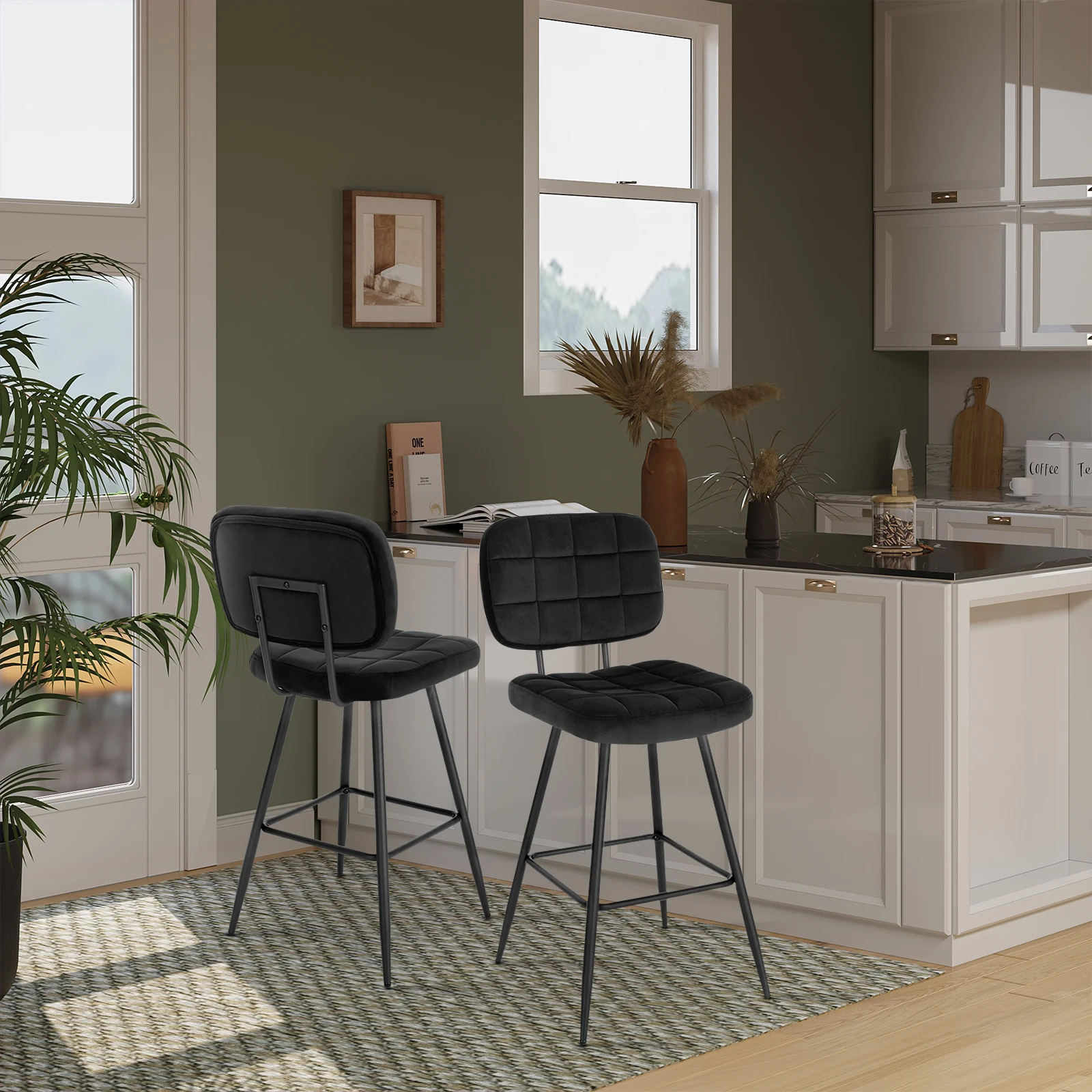 EUGAD 2er-Set Samt-Barhocker, gepolsterter Sitz, Bistro-Thekenhocker mit Rückenlehne und Fußstütze, hoher Kücheninsel-Stuhl für Zuhause Image