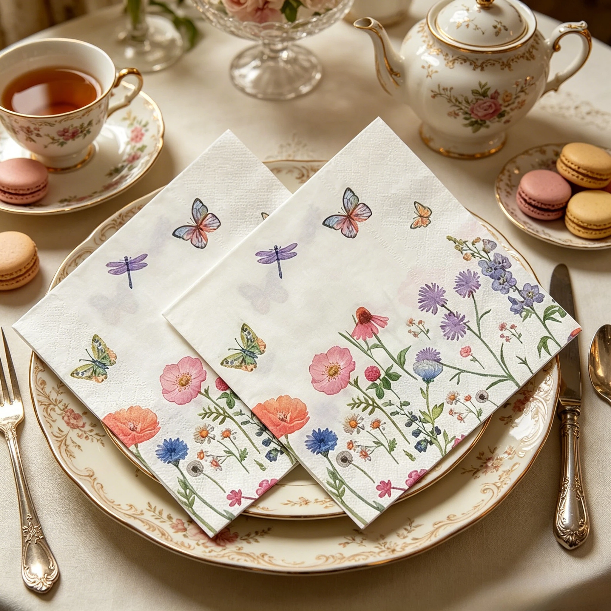 20 Stück/Set Frische Blumen- und Schmetterlingsmuster Servietten, Einweg-Papierservietten, Elegantes Papier für Hotel- und Restaurant-Tischdekoration Image