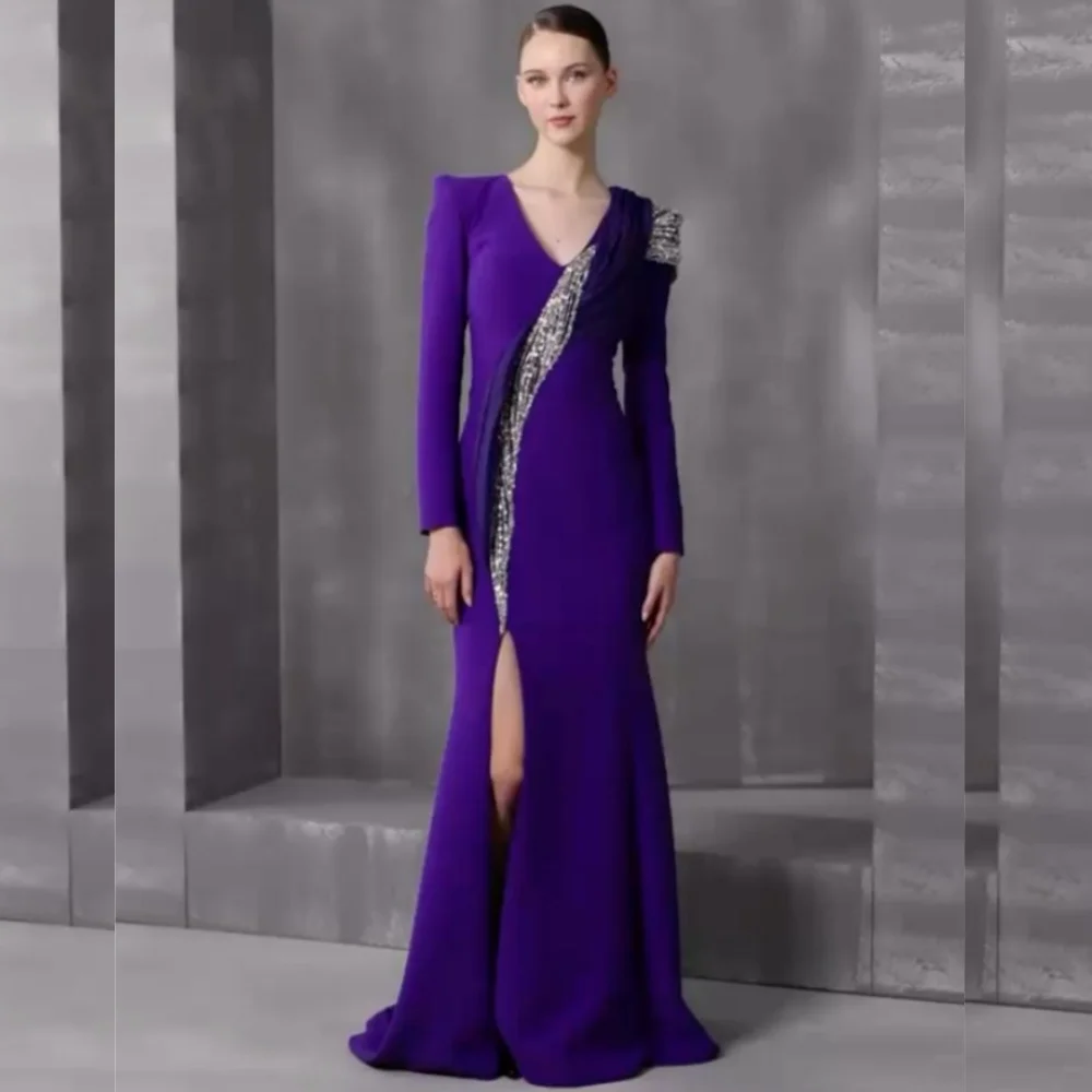 Customized Elegant Exquisite Jersey Sequined Pleat Trumpet V-neck Long Dresses Bespoke Occasion Classic