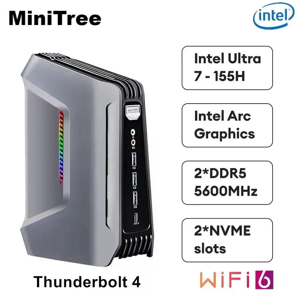 Office AI Mini PC Intel Arc Graphics Ultra 5 125H Ultra 7 15 DDR5 2x2.5G Lan Win11 Gaming Mini Computer Desktop Thunderbolt 4