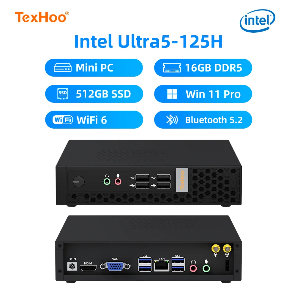 Texhoo MINI PC Intel Ultra5-125H 16GB DDR5 512GB SSD Windows11 Pro Wifi6 BT5.2 Portable Desktop MINI-PC Desktop Computer