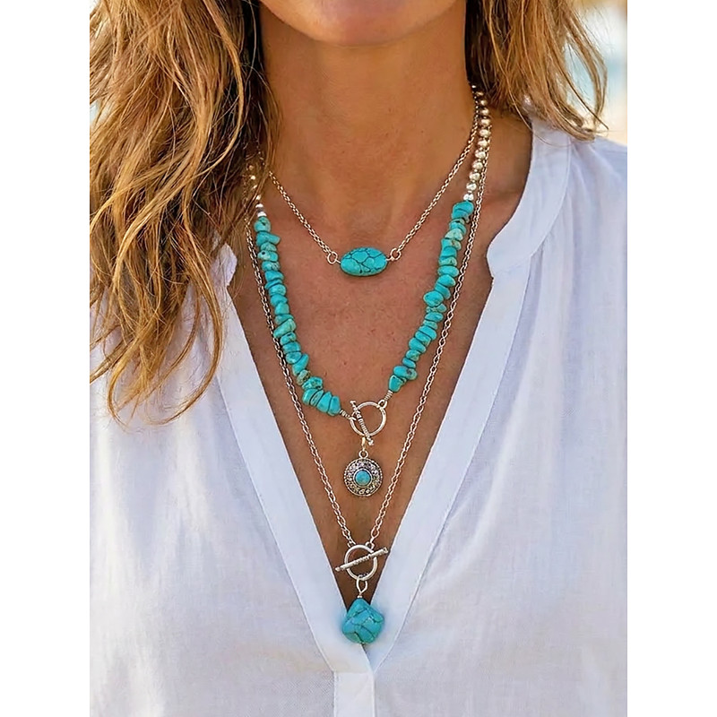 Women's Turquoise Layered Necklace Set, Natural Stone Boho Jewelry with Silver Alloy Chain, Summer Fashion Gift for Mature Women, Beach, Resort, Garden Party, Casual Wear