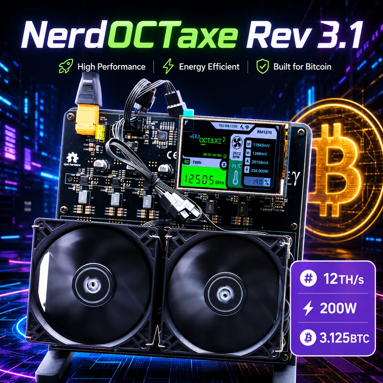 Bitcoin Miner NerdOCTAxe Rev3.1 12TH/s 200W 3,5-Zoll-Display BM1370 ASIC-Chip SHA-256 BTC Solo Miner Open-Source-Miner für den Heimgebrauch Image
