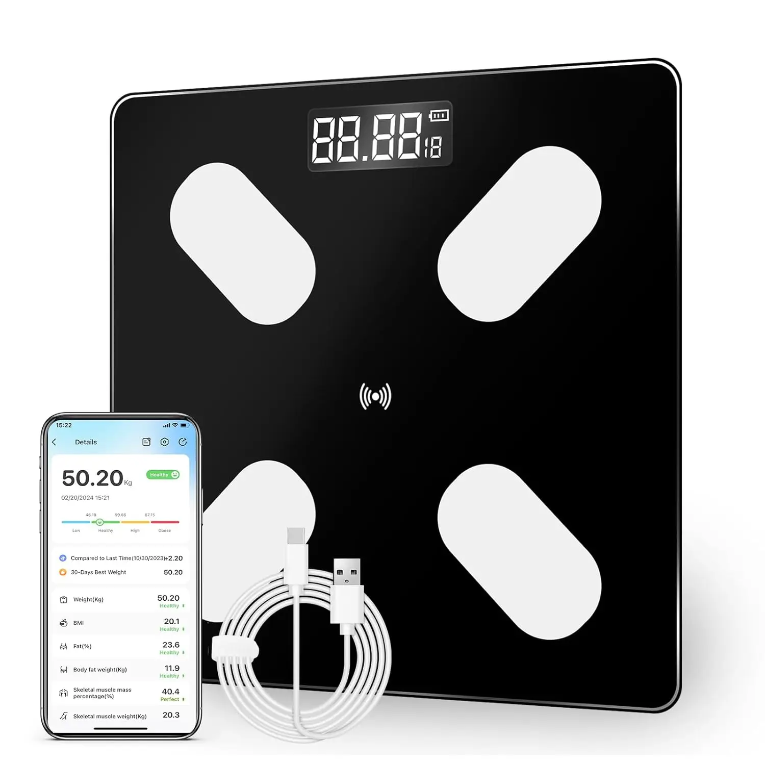 Körperfettwaage, Personenwaage mit App, digitale Waage zur Messung von Körperfett, BMI, Gewicht, Muskelmasse, Wasser, Protein, Körperfettwaage für Android und iOS, 26 x 26 mm, 180 kg / 400 lbs, bedee Image