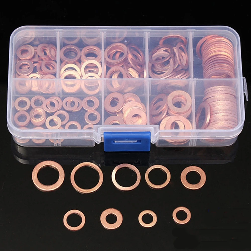 100/200PCS Kupfer Unterlegscheibe Dichtung Mutter Und Bolzen Set Flache Ring Dichtung Sortiment Kit Mit Box M4/M5/M6/M8/M10/M12/M14 Für Sump Stecker Image