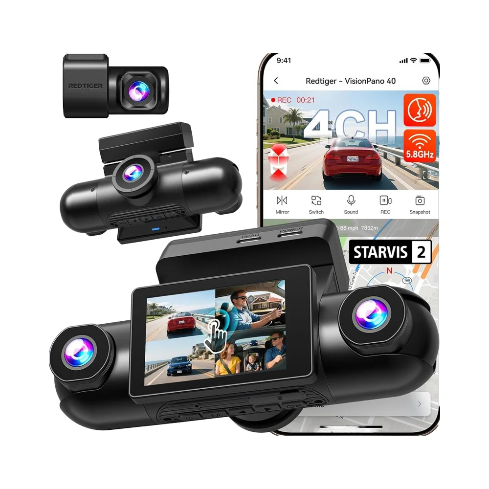 REDTIGER Dealer VP40 4-Channel 360 Dash Cam Dual STARVIS 2 5.8GHz WiFi Night Vision 4 Adjustable Lenses GPS Car Black Box