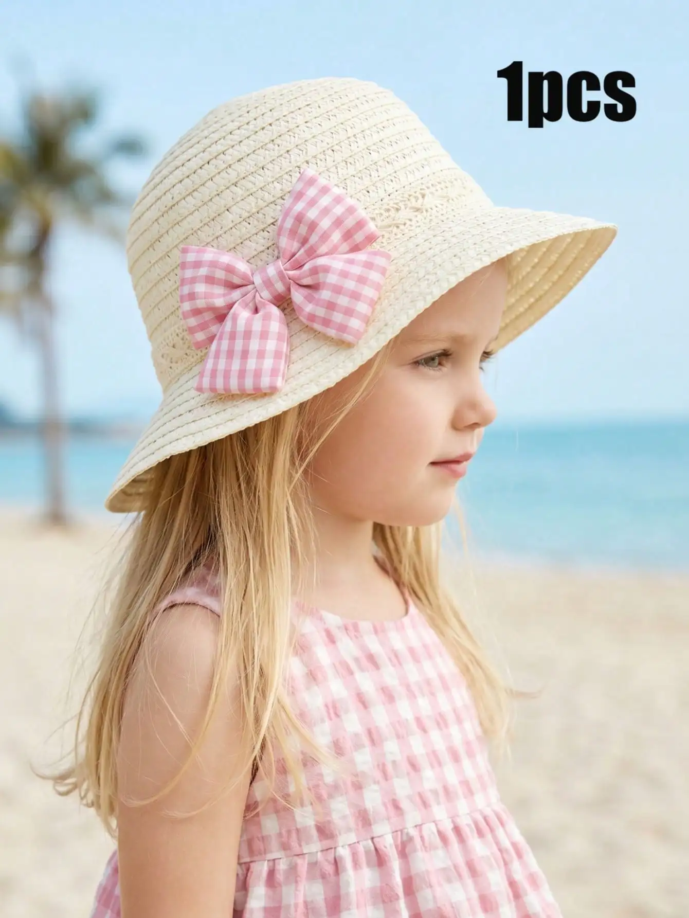 1 Stück beige karierter Strohhut mit Schleife für Kleinkinder (1-5 Jahre), Sommer-Sonnenhut für Babys, gewebter Strand-Outdoor-Sporthut Image