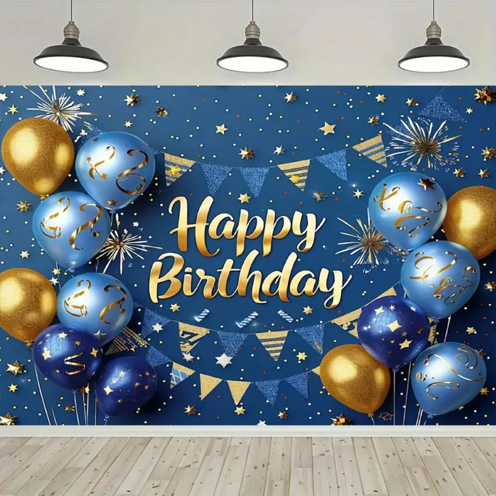Marineblauer und goldener Banner-Hintergrund mit Ballonmotiv, Fotostudio-Hintergrund für Kinder- und Jungen-Geburtstagsfeiern Image