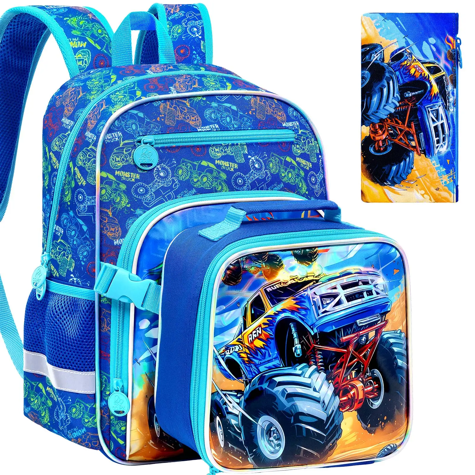 Sac à dos pour enfants garçons, ensemble de 3 sacs à dos avec boîte à lunch à clipser, sac d'école camion pour l'école primaire, la maternelle et les tout-petits