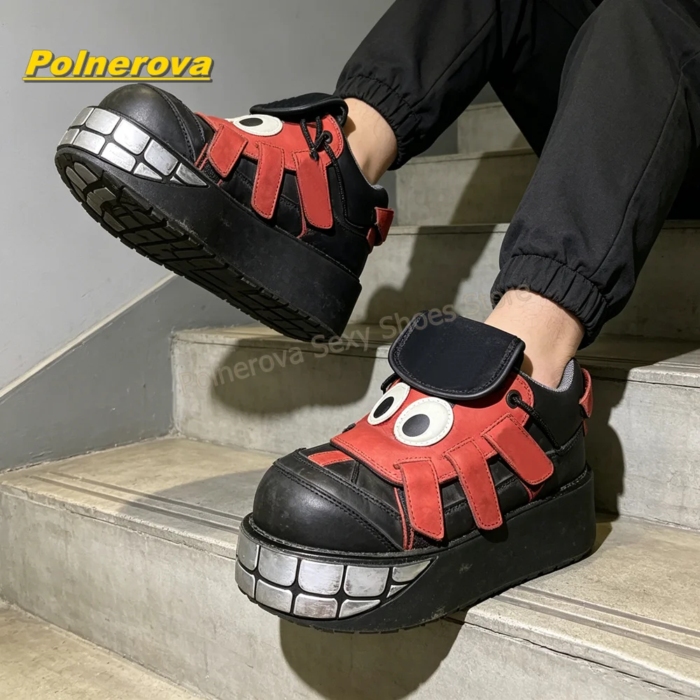 Y2K Cartoon Monster Plateau-Pumps Rot-Schwarz Farbblock Leder Runde Zehenpartie Augen-Zähne-Patchwork Klettverschluss Schnürschuhe im Street-Style