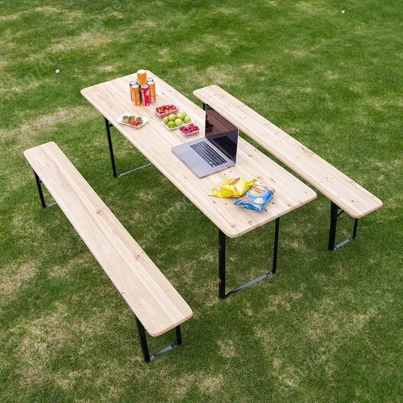 200*60cm Klappbarer Holz-Biertisch & Bank-Set, Massivholz-Picknicktisch mit Metallrahmen, Tragbares Outdoor-Ess-Set für den Garten