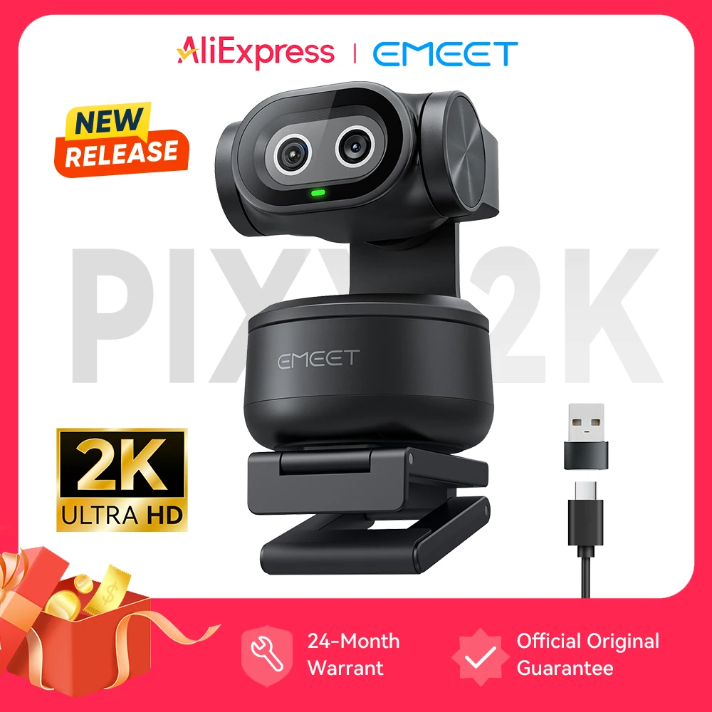 Webcam EMEET PIXY 2K, caméra PTZ à suivi IA avec contrôle gestuel et capteur Sony, webcam autofocus 1080P 60fps pour le streaming OBS