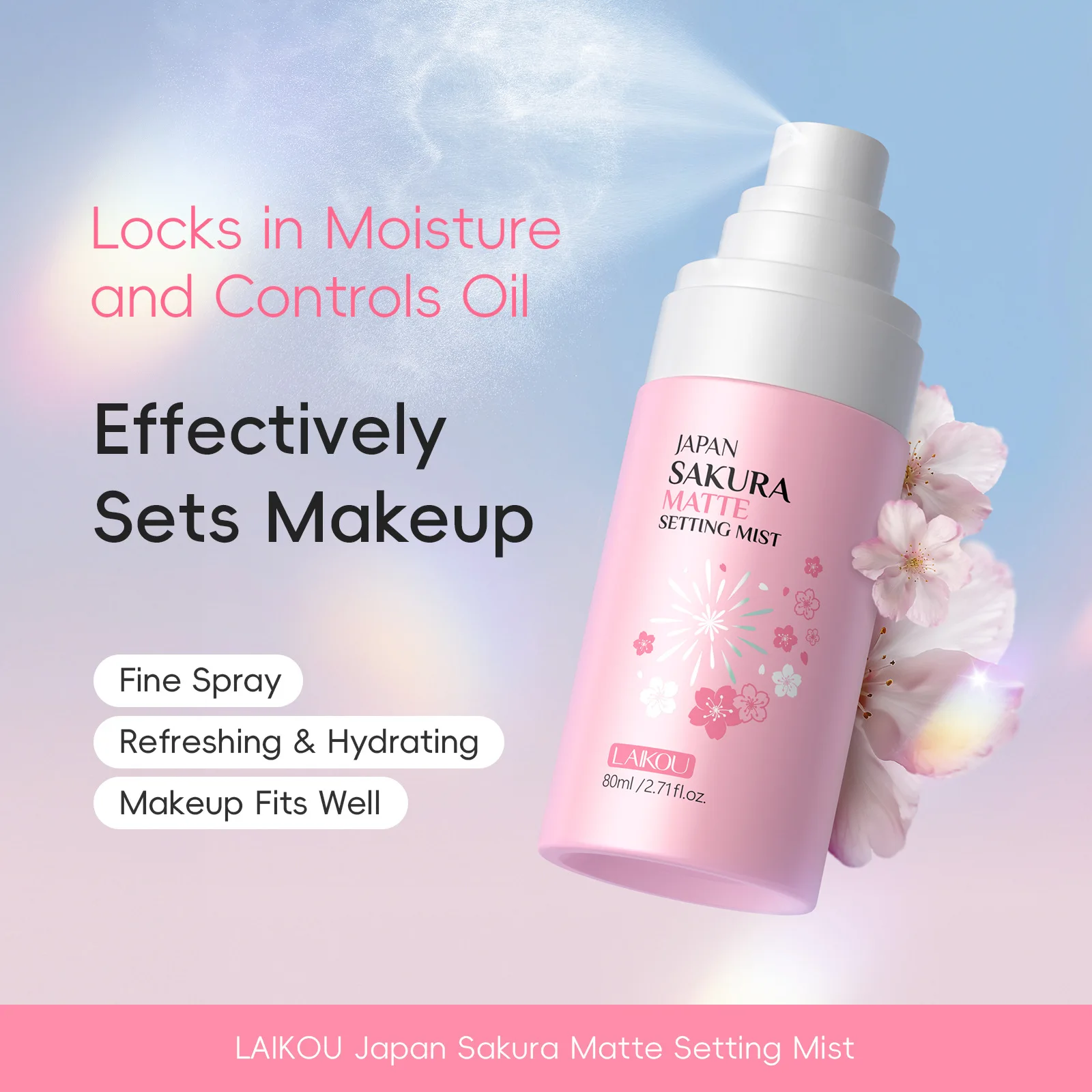 LAIKOU Sakura Mattierender Fixierspray, Feiner Sprühnebel/ Erfrischend & Feuchtigkeitsspendend/ Make-up Haftet Gut Langanhaltender Halt Ölkontrolle Make-up 80ml Image