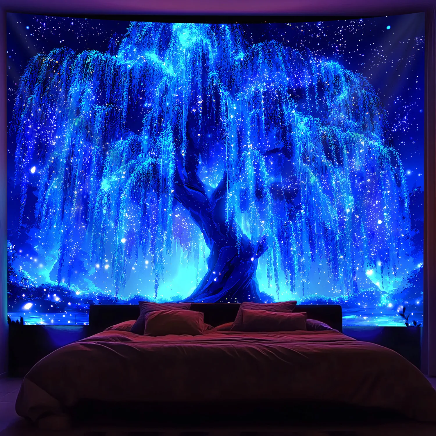 VIKAMA Baum des Lebens Wandteppich Fluoreszierender Magischer Wald Wandbehang Weiden- und Laternendruck Schlafzimmer- und Wohnzimmerdekoration Image