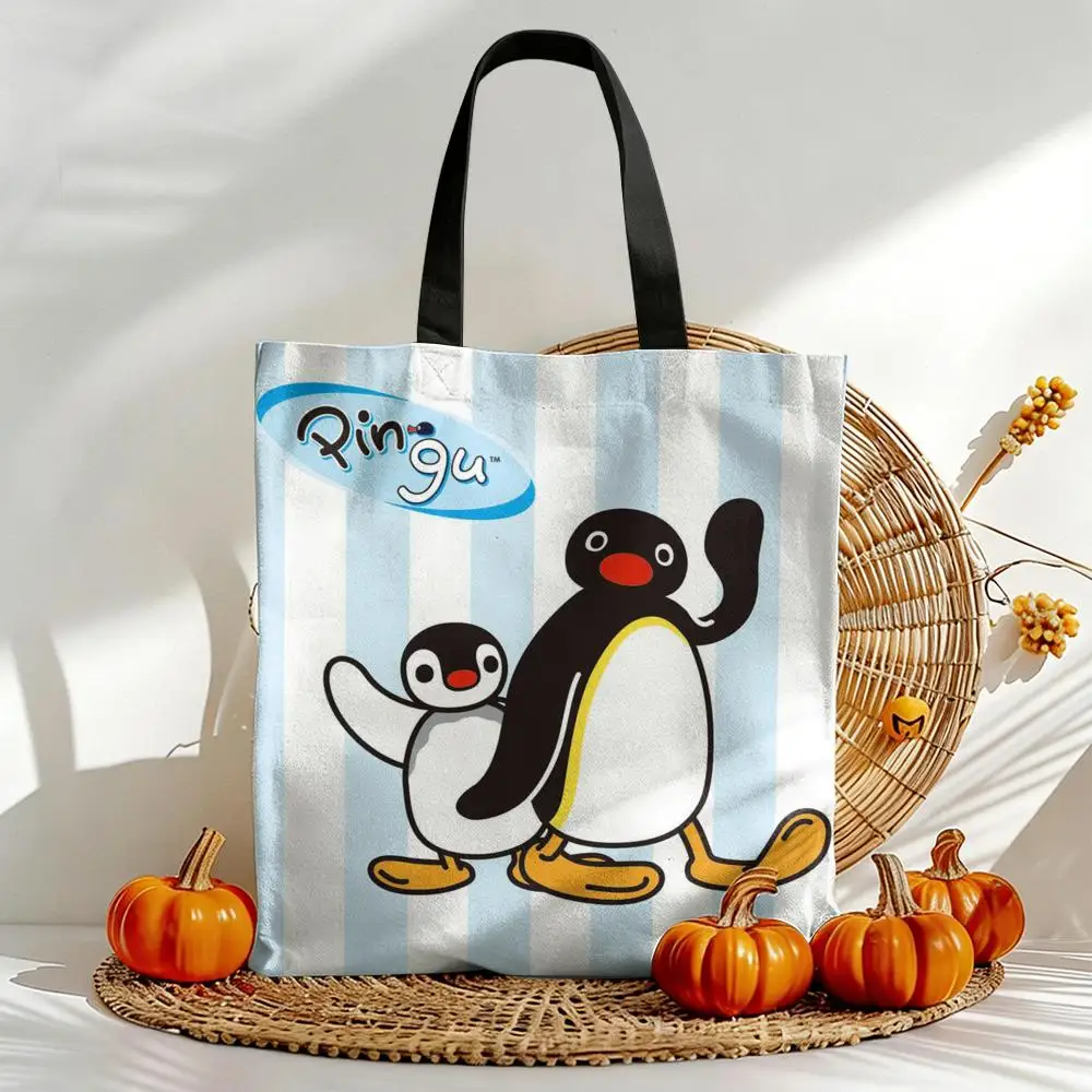 Cartoon Cute P-Pingu Aufbewahrungstaschen, Segeltuch, doppelseitiger Druck, große Tragetasche für Damen, langlebig, für Strand, Picknick, faltbar, Geschenk, umweltfreundlich