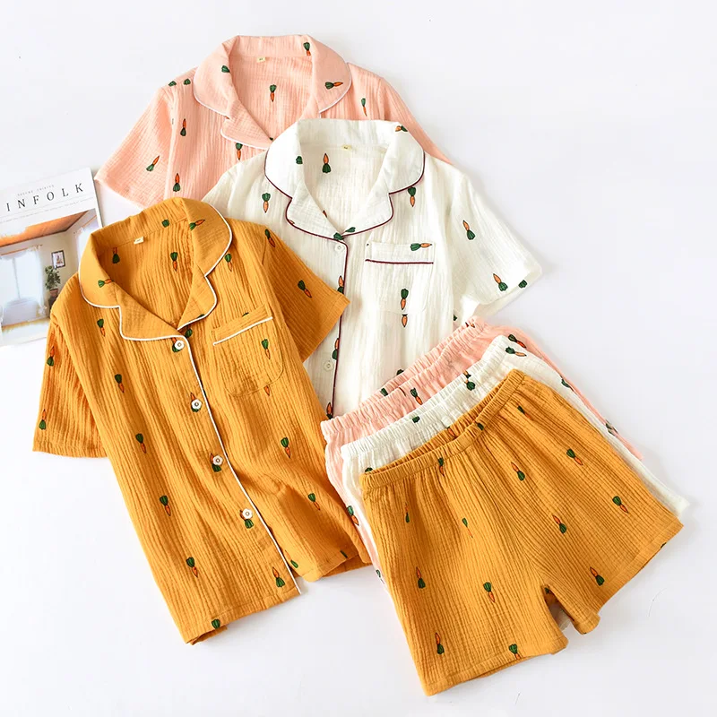 Nouveau dames pyjama costume été confortable coton gaze revers pyjama costume femmes mince lâche dessin animé carotte impression service à domicile