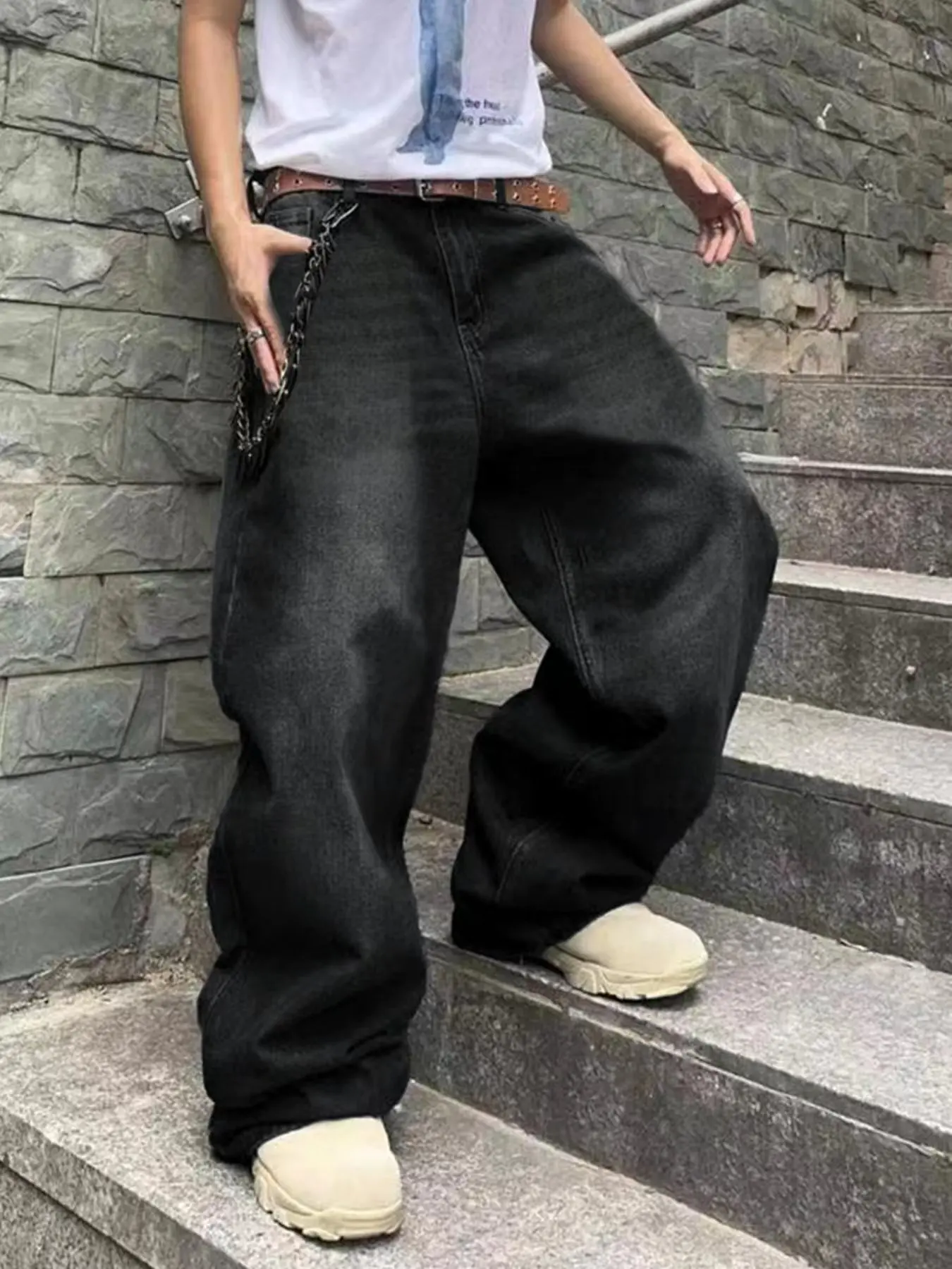 Y2K Hip-Hop Jeans Herren Baggy Weites Bein Amerikanische Vintage Denim-Hose Farbverlauf Grau Modische Lose Lässige Herrenhose