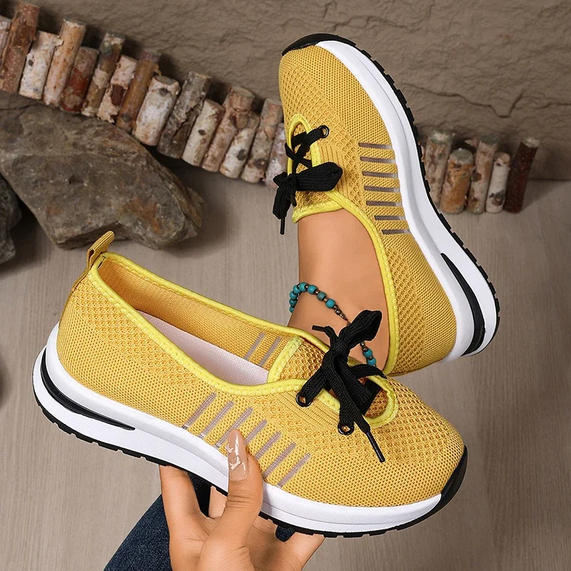 Frauen Komfort Atmungsaktive Turnschuhe Plus Größe Weiche Dicke Sohle Nicht Slip Mesh Schuhe Frau Sommer Plattform Lace Up Casual Schuhe