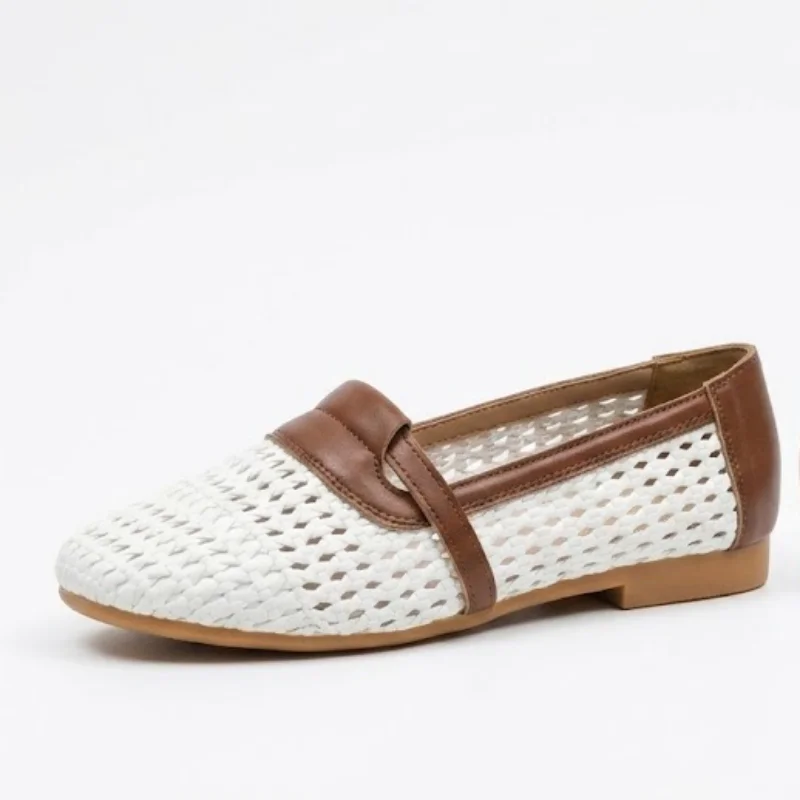 Gewebte Loafer für Damen, atmungsaktive, ausgehöhlte, flache Schuhe für den Sommer, Vintage-Stil, braun, weiß, Slip-on-Schuhe, Büro-Chic, weiche Wanderschuhe